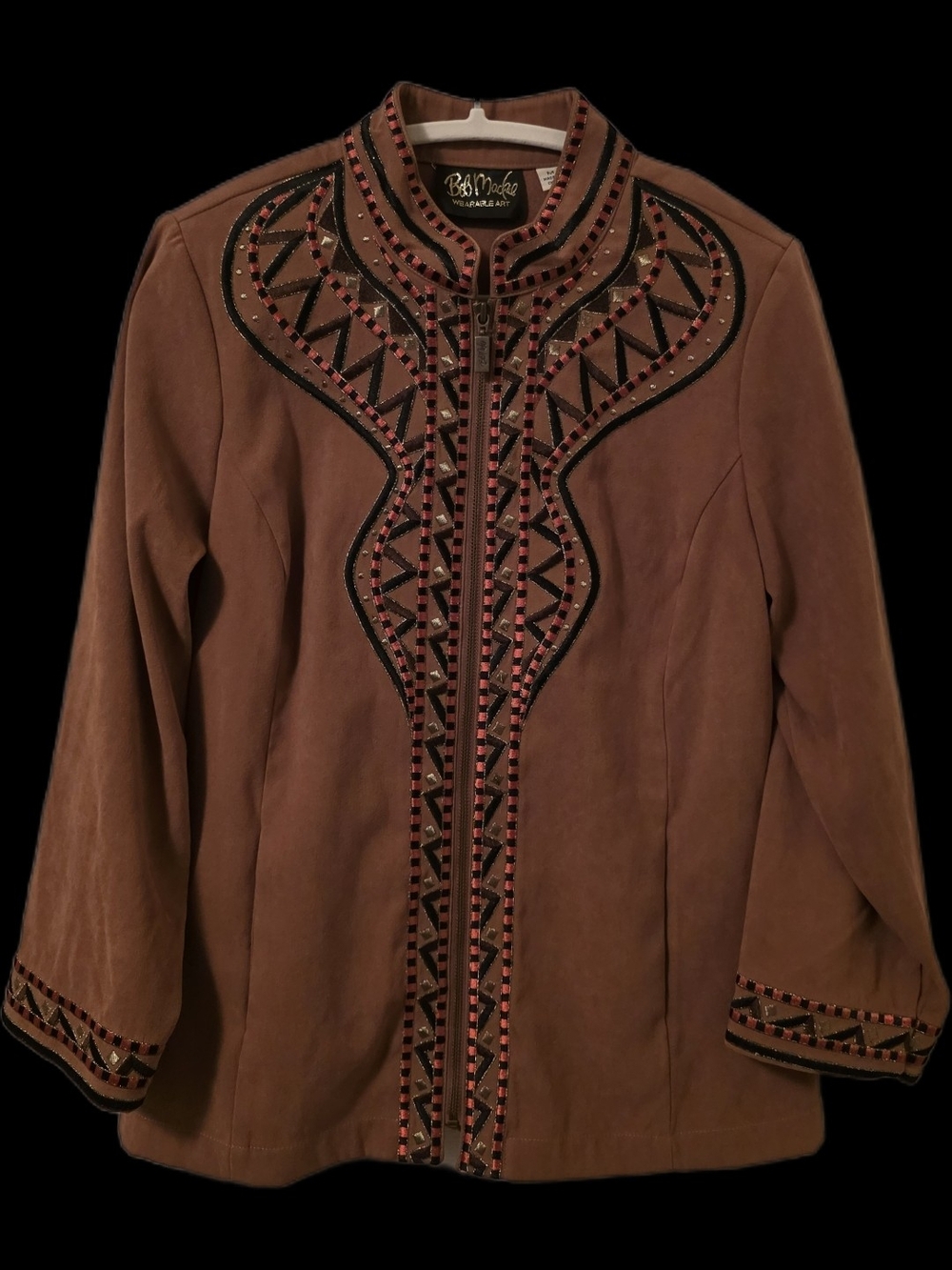 Bob Mackie Brown Suede Jacket with Black & Pink Embellishment